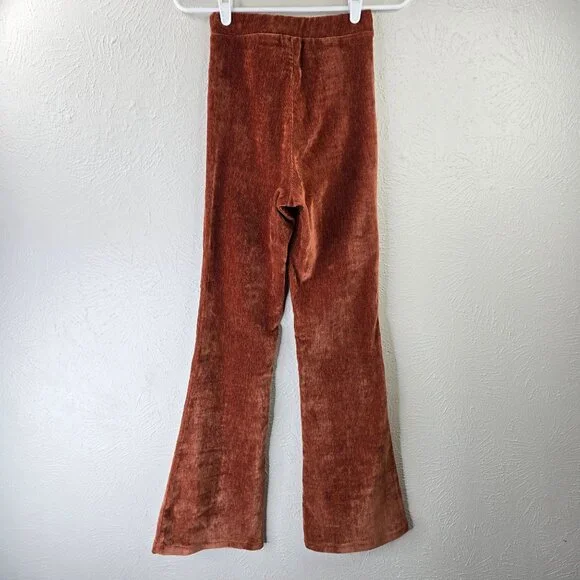 Velour Flare Pant XS Brown High Waist Pull on Stretchy Pintuck Trouser Retro 70s - Picture 6 of 12